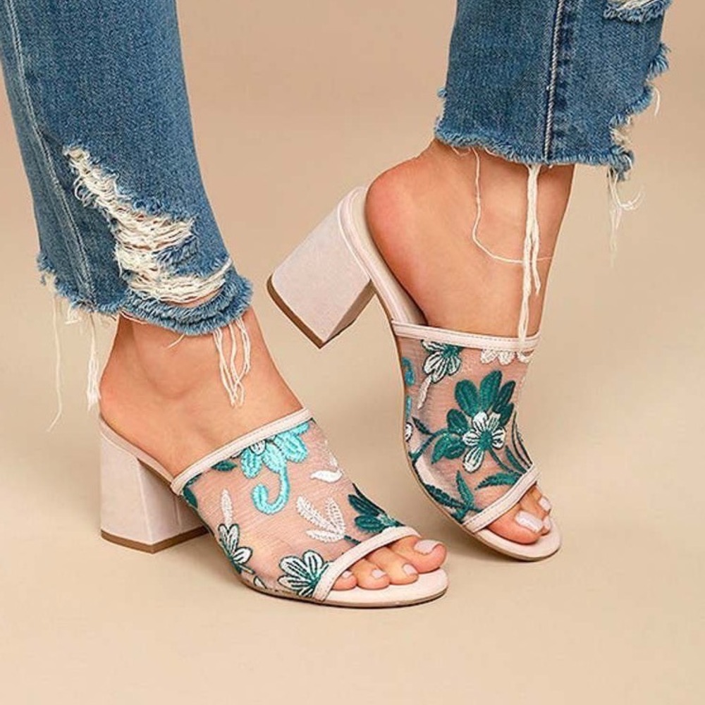 Seychelles Floral Mesh Block Heels Sz 6 Pastel Pink‎ Embroidered Mules Fairycore
